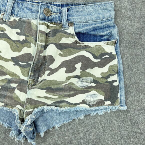 BDG Shorts Womens‎ 28 Blue Camo High Rise Dree Cheeky Frayed Cutoff Denim Jeans - Picture 3 of 13